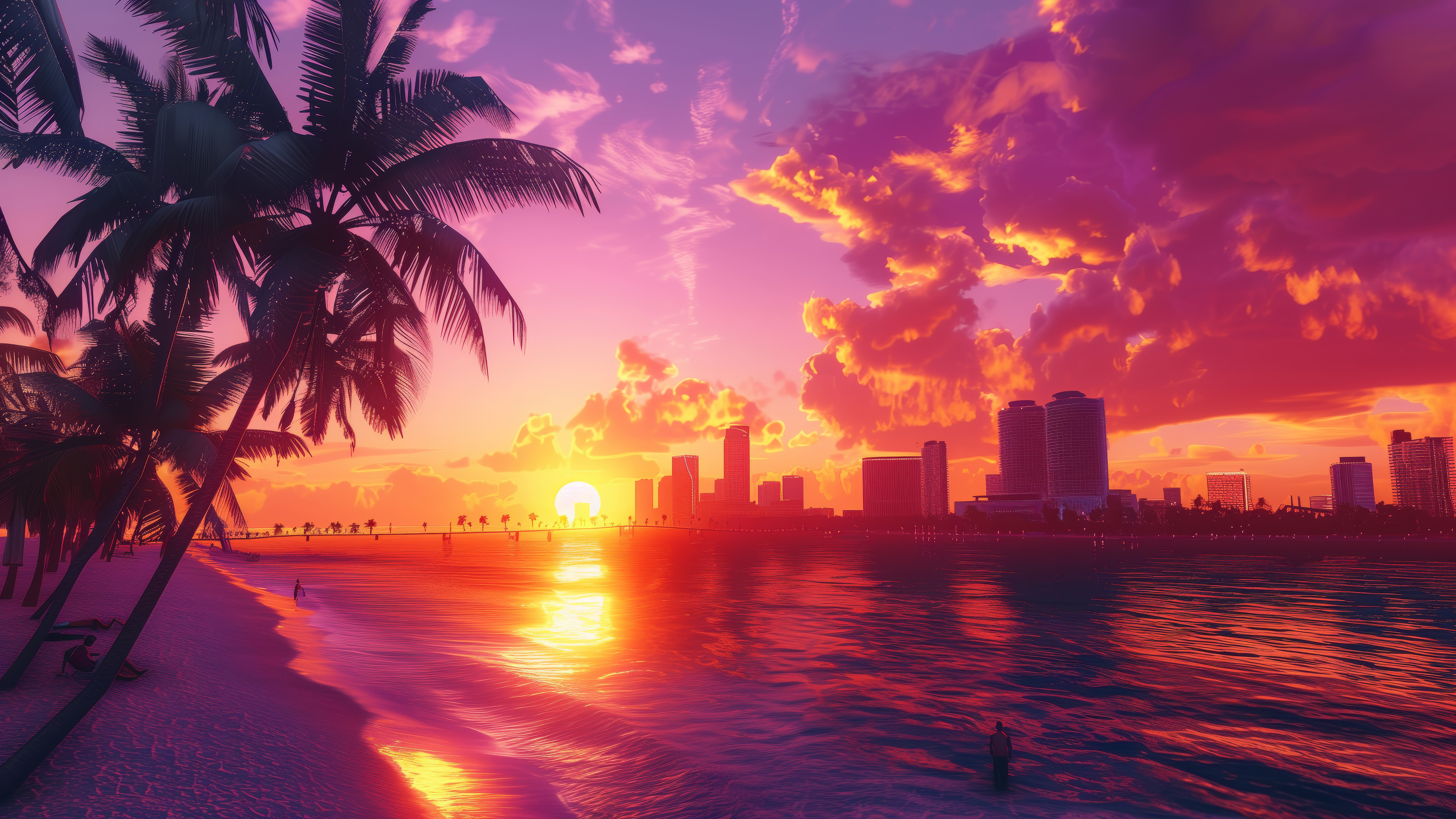 Beach palm trees city scenery digital 4k wallpaper